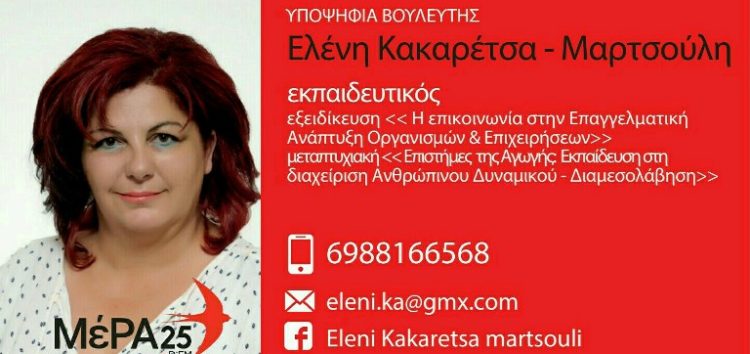 Η Ελένη Κακαρέτσα – Μαρτσούλη υποψήφια βουλευτής Φλώρινας με το ΜέΡΑ 25